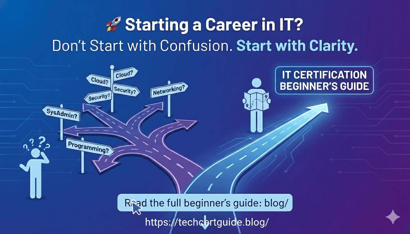 Signpost illustration showing beginner IT career paths including cloud, security, networking, and system administration